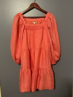 Tyler Boe NWT Summer Coral Smocked Square-Neck Linen Dress